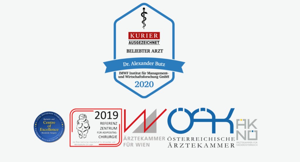 Auszeichnungen von OA Dr. Alexander Butz – Kurier Beliebter Arzt 2020, IFSO Centre of Excellence, Referenzzentrum für Adipositaschirurgie, Österreichische Ärztekammer